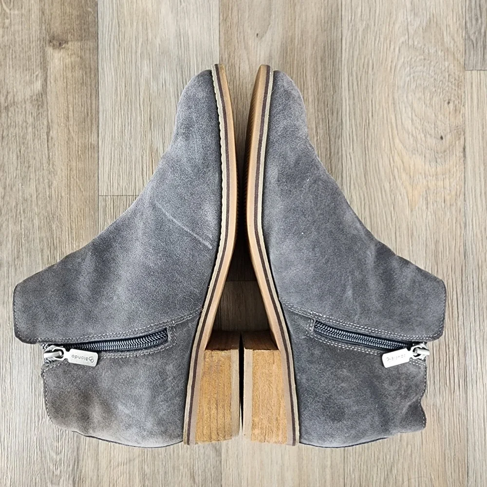 Blondo Waterproof Suede Ankle Booties‎ Side Zip Wooden Heel Women Size 9M Gray
